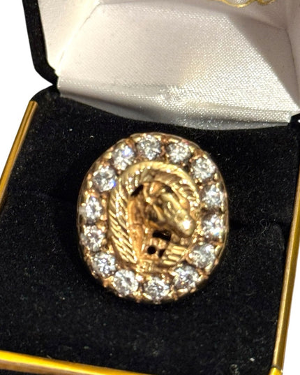 Vintage Gold Plated Nugget Mens Horse Head Good Luck  Ring CZ Crystals