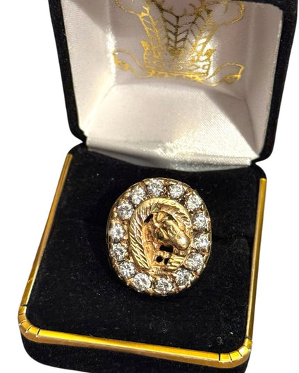 Vintage Gold Plated Nugget Mens Horse Head Good Luck  Ring CZ Crystals