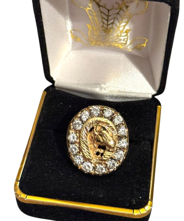 Vintage Gold Plated Nugget Mens Horse Head Good Luck  Ring CZ Crystals
