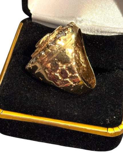 Vintage Gold Plated Nugget Mens Horse Head Good Luck  Ring CZ Crystals