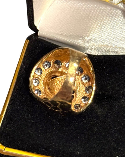 Vintage Gold Plated Nugget Mens Horse Head Good Luck  Ring CZ Crystals