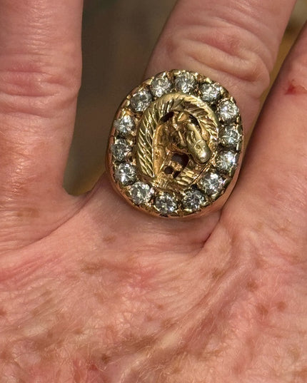 Vintage Gold Plated Nugget Mens Horse Head Good Luck  Ring CZ Crystals