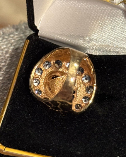 Vintage Gold Plated Nugget Mens Horse Head Good Luck  Ring CZ Crystals