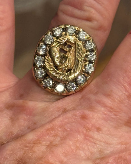 Vintage Gold Plated Nugget Mens Horse Head Good Luck  Ring CZ Crystals