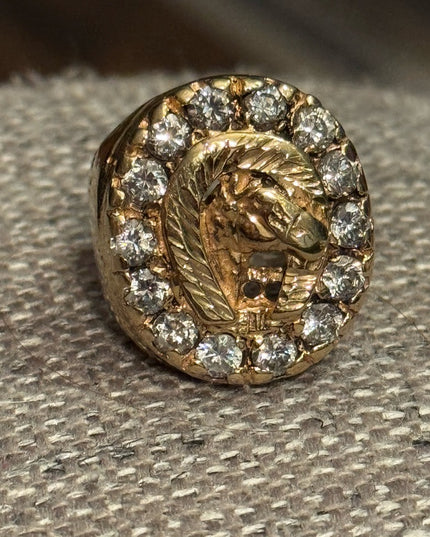 Vintage Gold Plated Nugget Mens Horse Head Good Luck  Ring CZ Crystals
