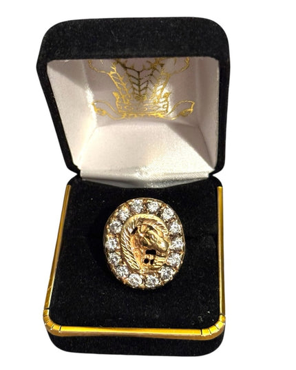 Vintage Gold Plated Nugget Mens Horse Head Good Luck  Ring CZ Crystals