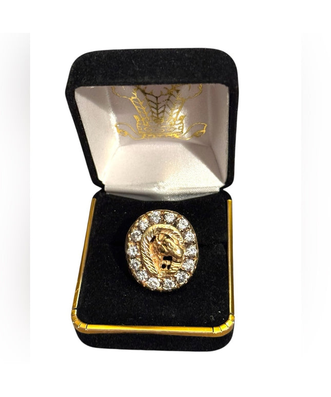 Vintage Gold Plated Nugget Mens Horse Head Good Luck  Ring CZ Crystals