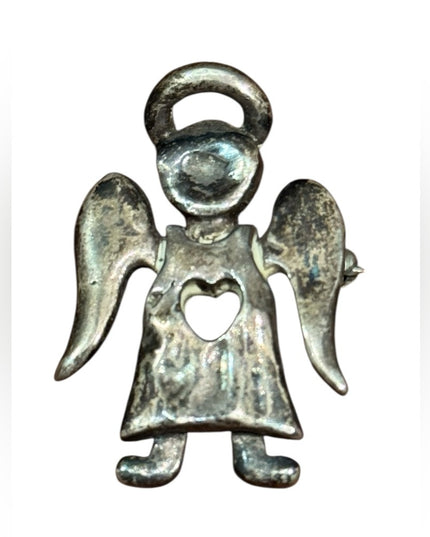 Vintage Sterling Silver 925  Angel Brooch with Heart Cutout