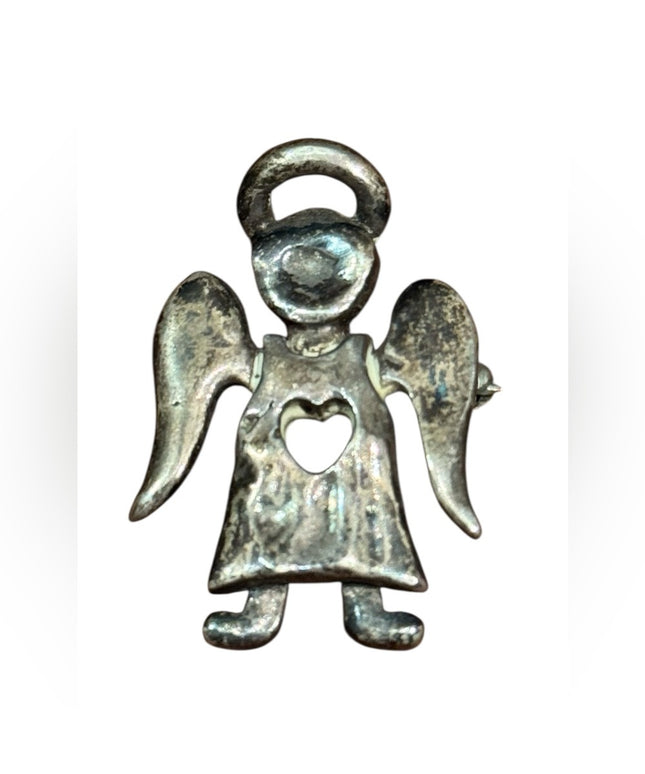 Vintage Sterling Silver 925  Angel Brooch with Heart Cutout