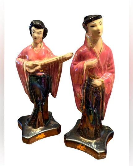 Stanford Art Pottery MCM Set Asian Chalkware Set Kitch Glazed Handpainted 1950s
