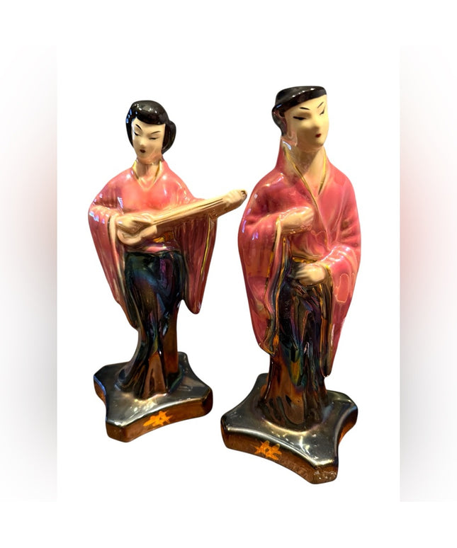 Stanford Art Pottery MCM Set Asian Chalkware Set Kitch Glazed Handpainted 1950s