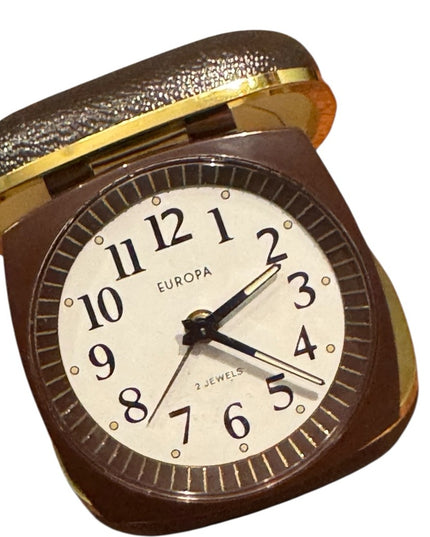 Europa Brown Vintage Gold Travel Alarm Clock Germany Working! 1950s