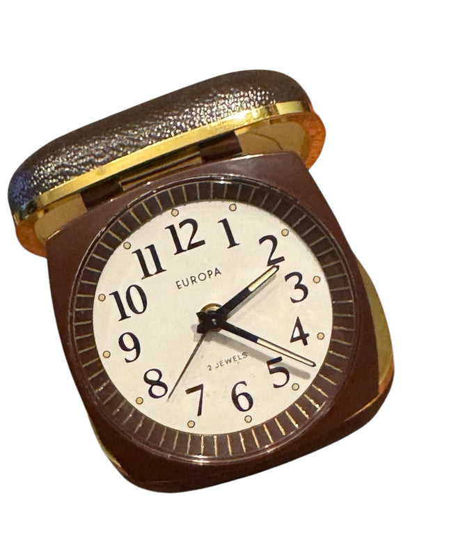 Europa Brown Vintage Gold Travel Alarm Clock Germany Working! 1950s