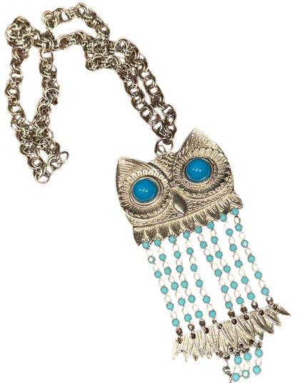 Vintage Silver Owl Pendant Necklace with Blue Bead Accents