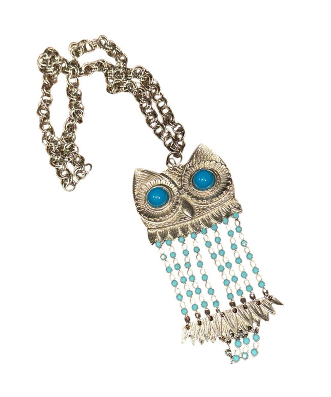 Vintage Silver Owl Pendant Necklace with Blue Bead Accents