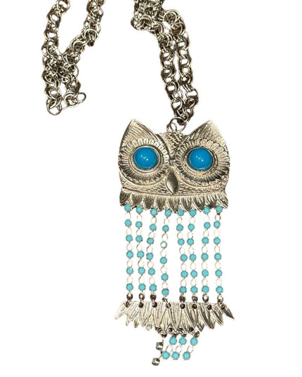 Vintage Silver Owl Pendant Necklace with Blue Bead Accents