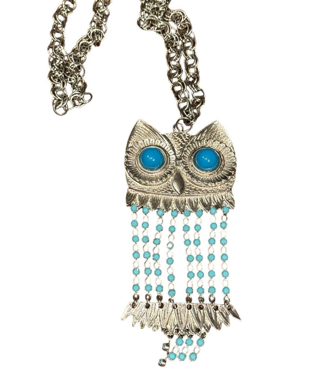 Vintage Silver Owl Pendant Necklace with Blue Bead Accents