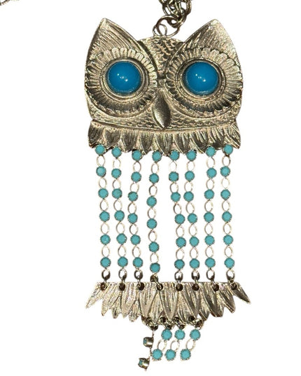 Vintage Silver Owl Pendant Necklace with Blue Bead Accents