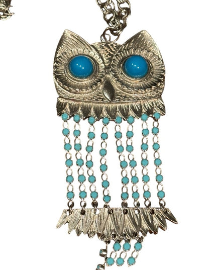 Vintage Silver Owl Pendant Necklace with Blue Bead Accents