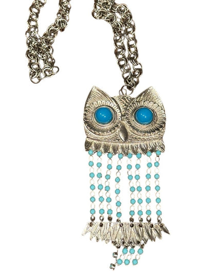 Vintage Silver Owl Pendant Necklace with Blue Bead Accents