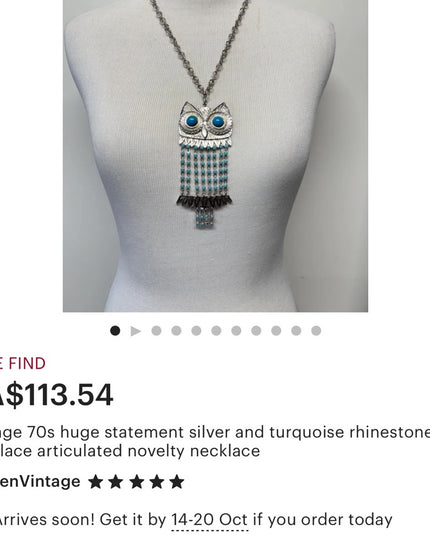 Vintage Silver Owl Pendant Necklace with Blue Bead Accents
