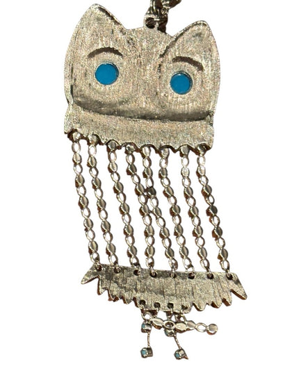 Vintage Silver Owl Pendant Necklace with Blue Bead Accents