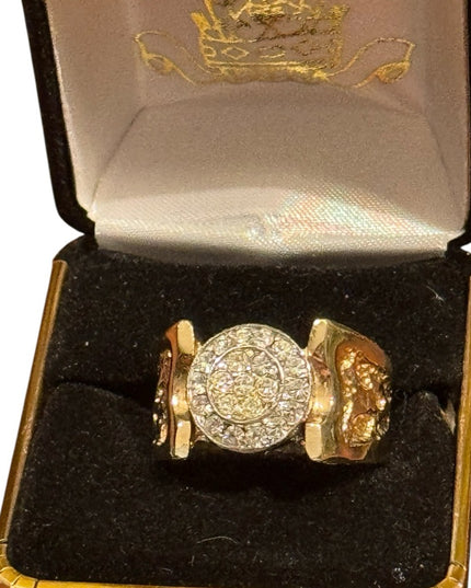 Elegant Vintage Gold Plated Mens Fancy Nugget  Gold and Silver CZ Ring