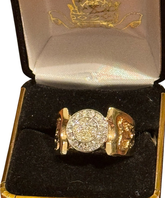 Elegant Vintage Gold Plated Mens Fancy Nugget  Gold and Silver CZ Ring