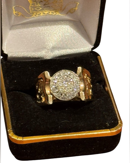 Elegant Vintage Gold Plated Mens Fancy Nugget  Gold and Silver CZ Ring