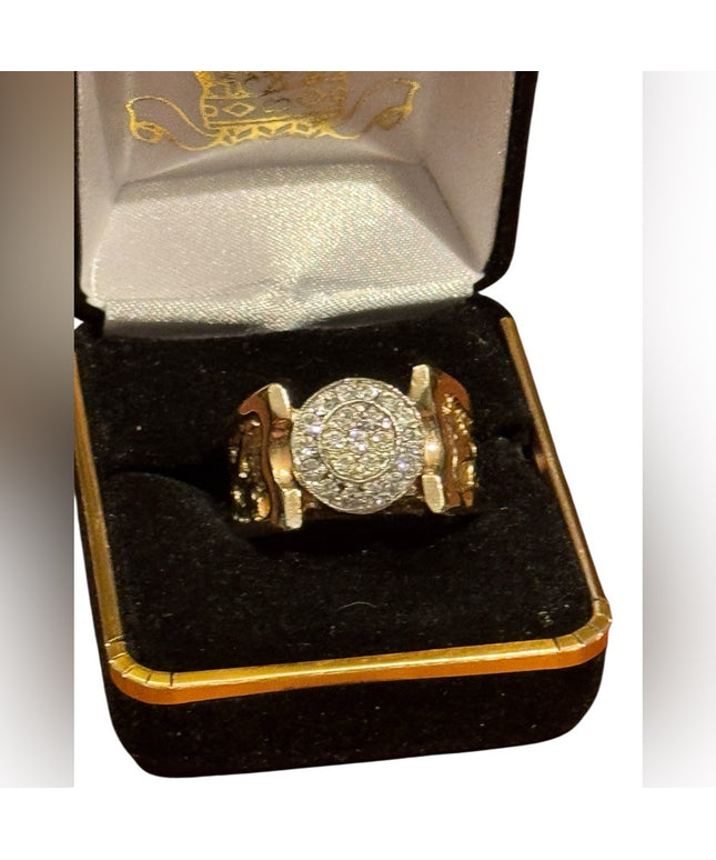 Elegant Vintage Gold Plated Mens Fancy Nugget  Gold and Silver CZ Ring