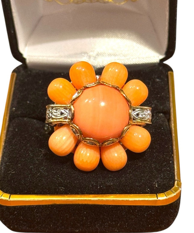 Michael Vialutti Palladium Silver Salmon Coral Flower Ring Orange Floral Ring