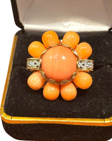 Michael Vialutti Palladium Silver Salmon Coral Flower Ring Orange Floral Ring