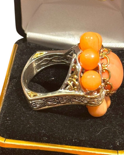 Michael Vialutti Palladium Silver Salmon Coral Flower Ring Orange Floral Ring