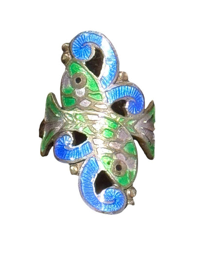 Elegant Vintage Blue and Green enameled Sterling Silver 925 Fish Ring Lucky