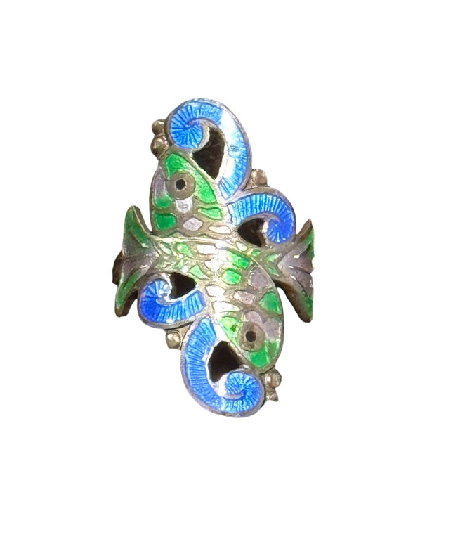 Elegant Vintage Blue and Green enameled Sterling Silver 925 Fish Ring Lucky
