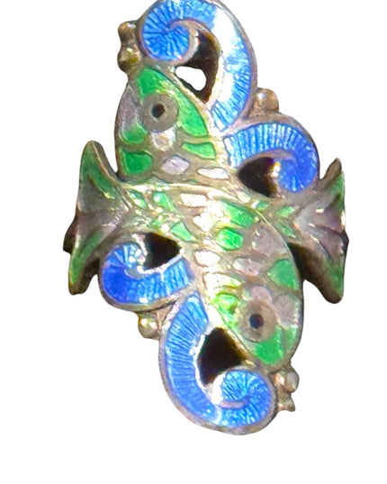 Elegant Vintage Blue and Green enameled Sterling Silver 925 Fish Ring Lucky
