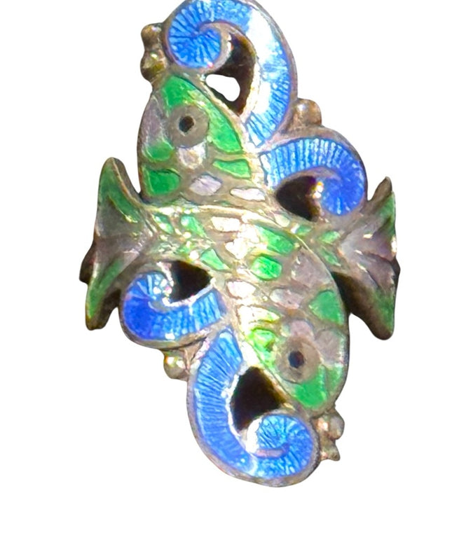 Elegant Vintage Blue and Green enameled Sterling Silver 925 Fish Ring Lucky