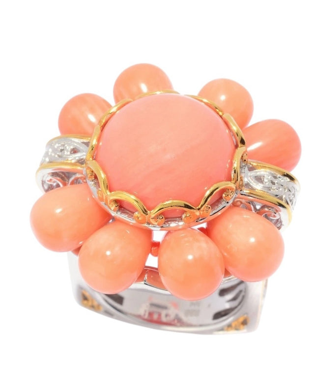 Michael Vialutti Palladium Silver Salmon Coral Flower Ring Orange Floral Ring