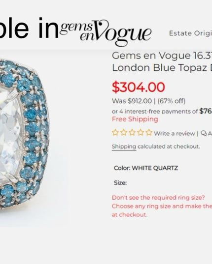 Gems en Vogue Sterling 16.25ctw Rock Crystal Quartz & London Blue Topaz Ring