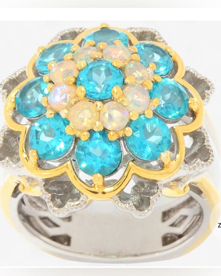 Elegant Floral Ring Palladium Silver Paraiba And Ethiopian Opal Ring