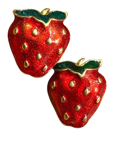 Lovely Strawberry Enameled Gold finish Fancy Shaped Earrings