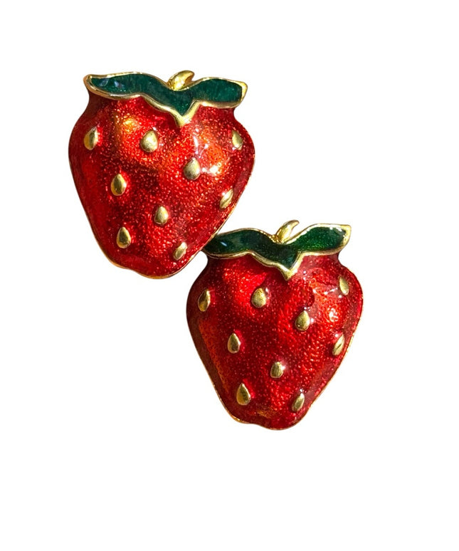 Lovely Strawberry Enameled Gold finish Fancy Shaped Earrings