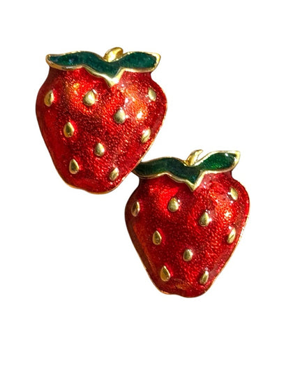 Lovely Strawberry Enameled Gold finish Fancy Shaped Earrings