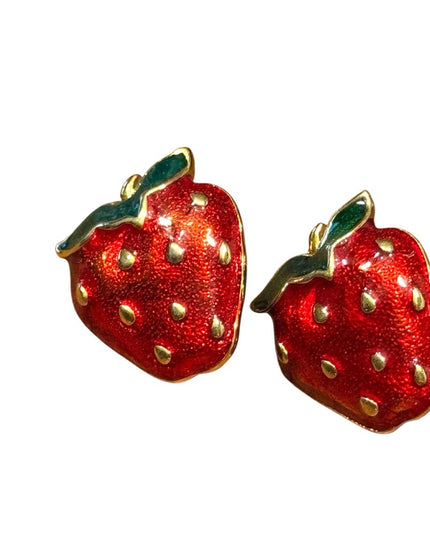 Lovely Strawberry Enameled Gold finish Fancy Shaped Earrings