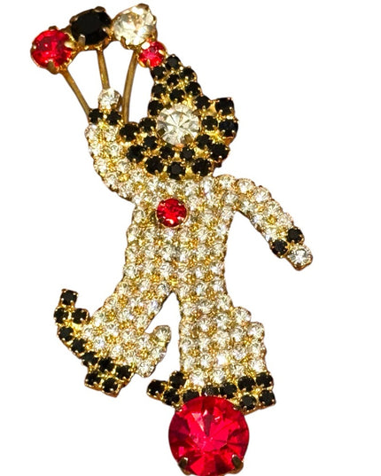 Vintage Rhinestone Balloon Clown Brooch Red Gold Black Crystals