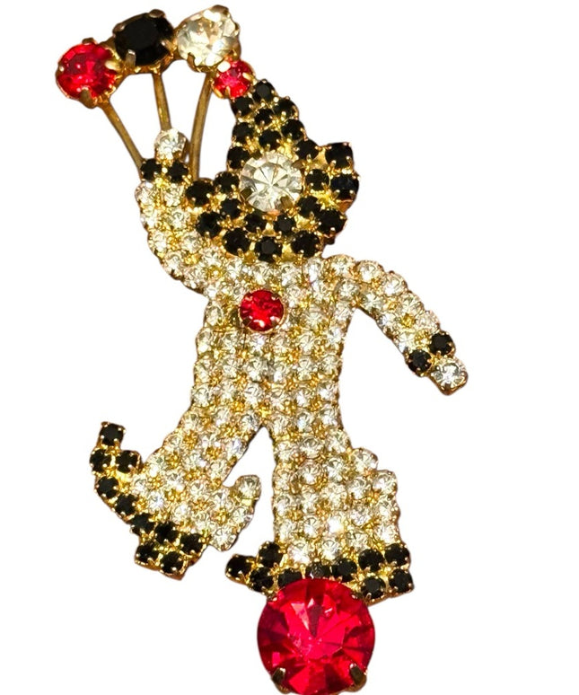 Vintage Rhinestone Balloon Clown Brooch Red Gold Black Crystals