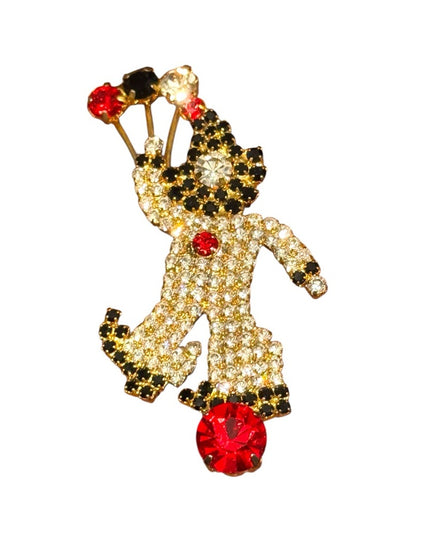 Vintage Rhinestone Balloon Clown Brooch Red Gold Black Crystals