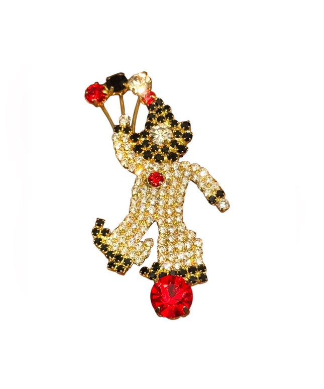 Vintage Rhinestone Balloon Clown Brooch Red Gold Black Crystals