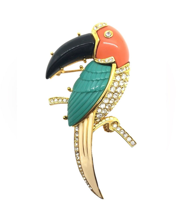 VINTAGE RARE KJL Kenneth J Lane Toucan Bird Jeweled Enameled Brooch Colorful