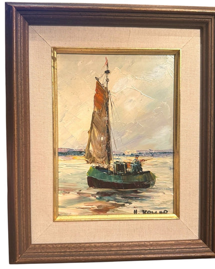 Vintage 1960s Framed Nautical Painting on Board Sailboat Signed H Holler